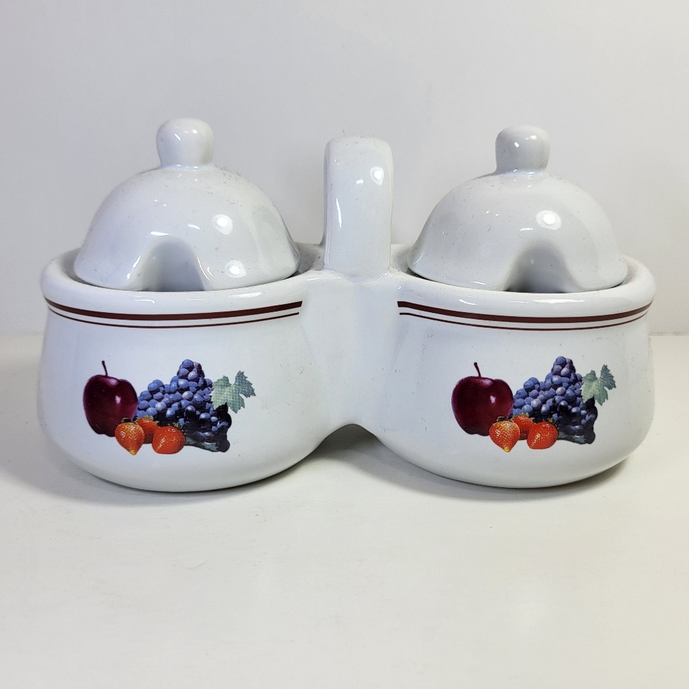 Houston Harvest White Ceramic Double Condiment Server Jam Jelly Container w Lids